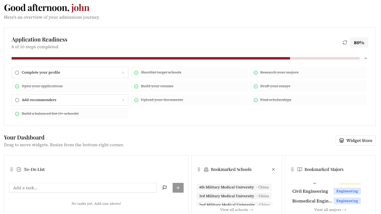 caat dashboard with application readiness, to-do list, and widget grid