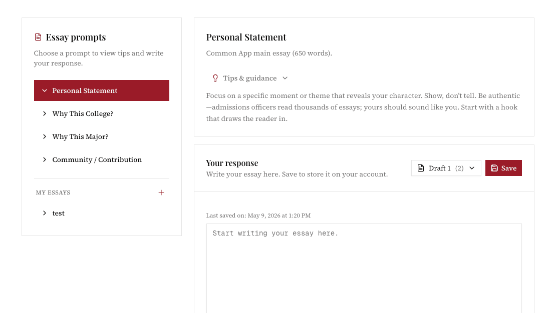 caat essay workshop with prompts sidebar and response editor