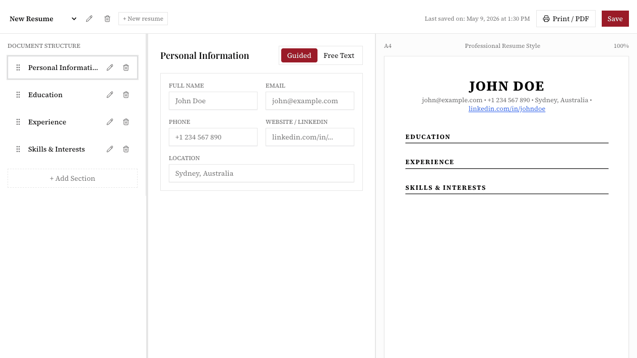caat resume builder with section editor and live A4 preview