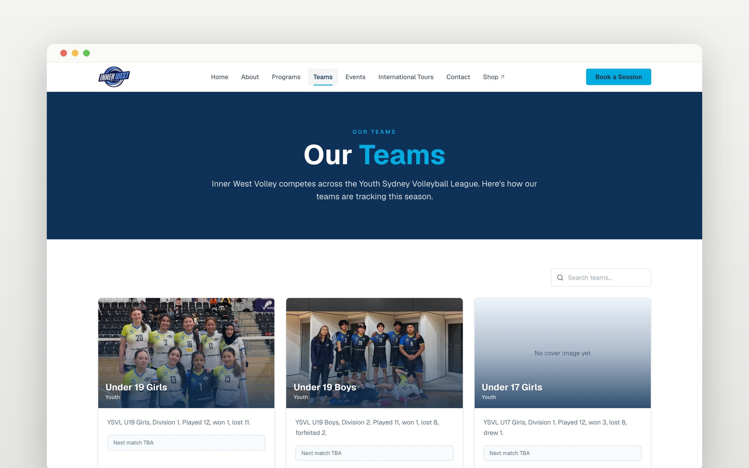 Inner West Volley teams page on desktop, with each team's season record fed from Volleyball NSW