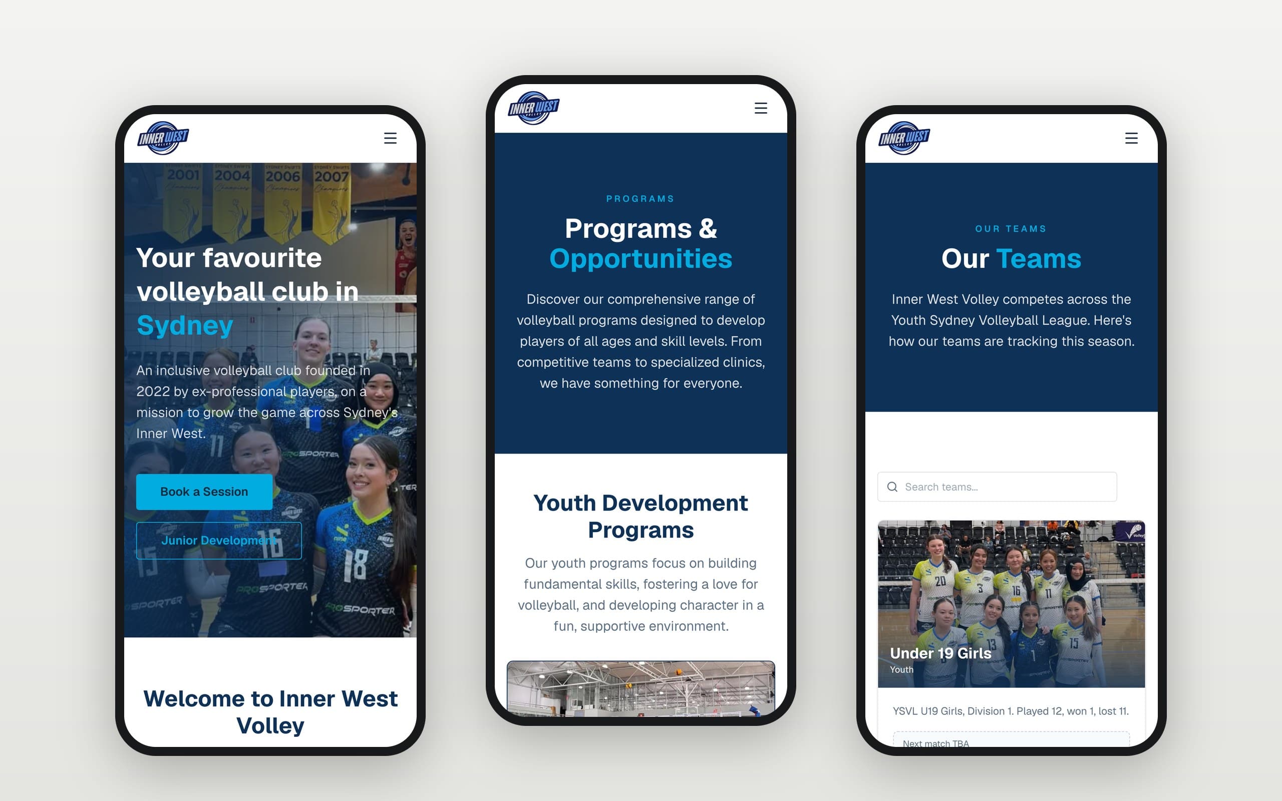 Inner West Volley on three phones: the Your favourite volleyball club in Sydney home page, the programs page and the teams page