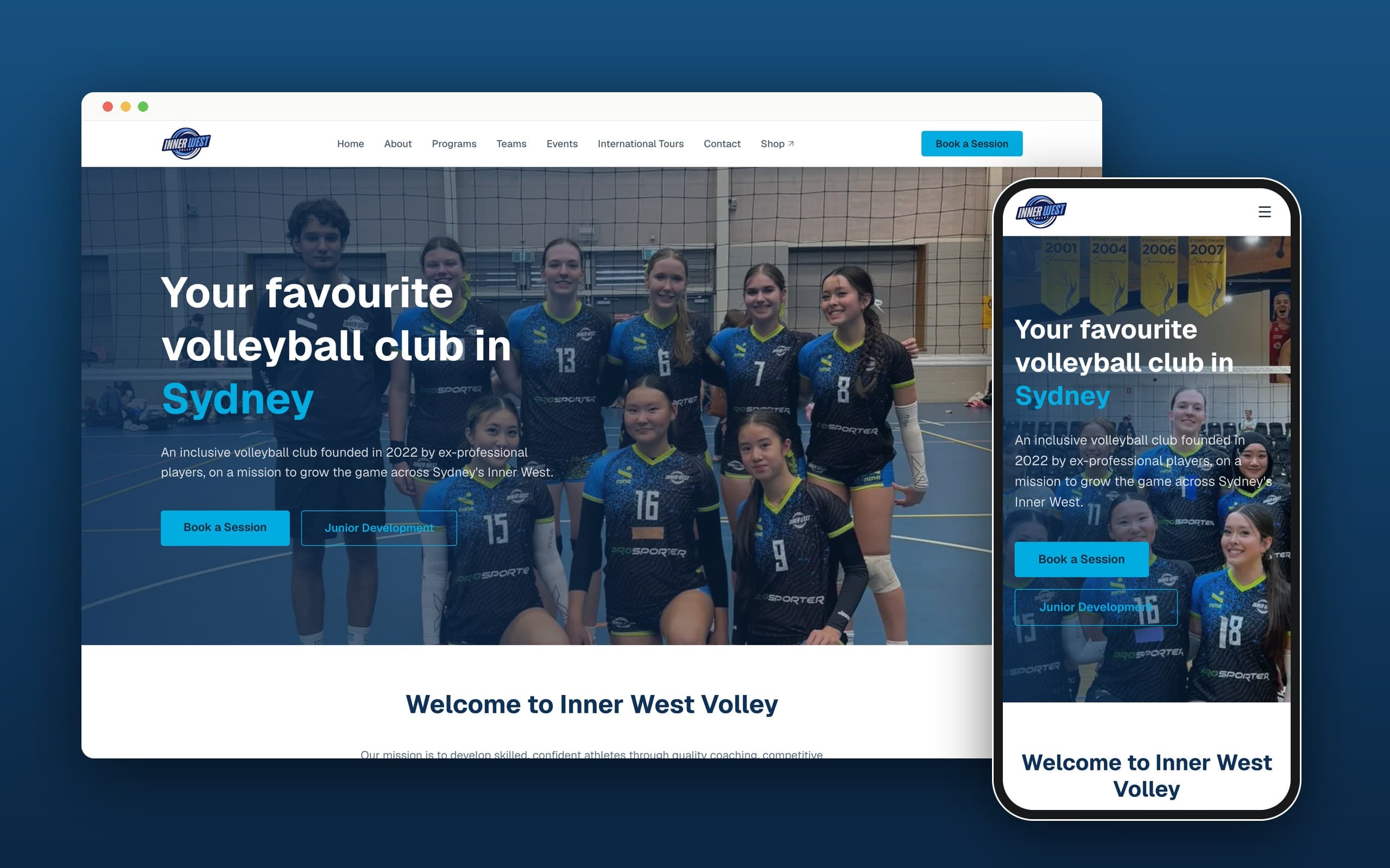 Inner West Volley home page on desktop and phone