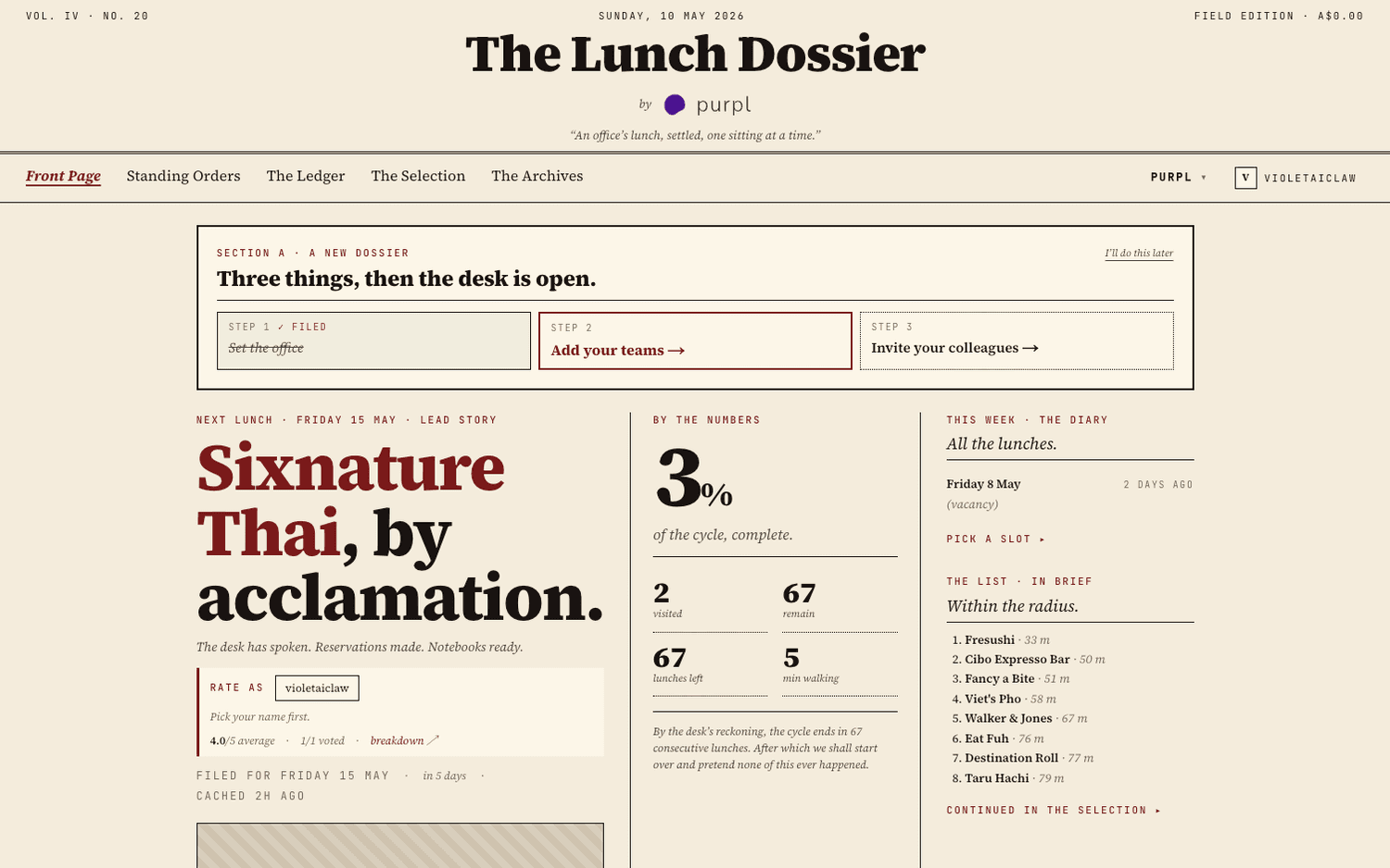 lunch dossier front page with masthead, cycle stats, and within-the-radius list