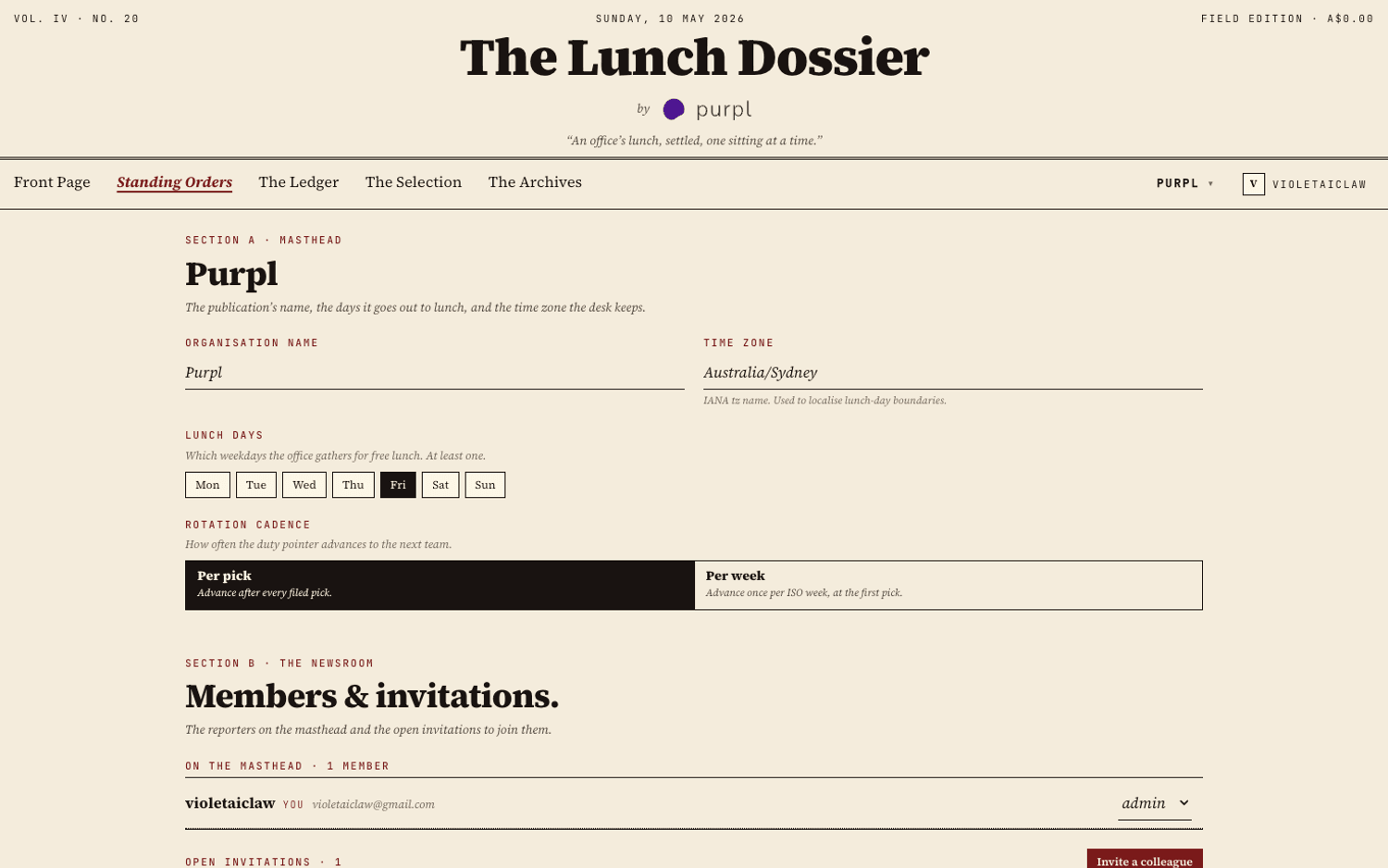 lunch dossier standing orders page with masthead, lunch days, rotation cadence, and members & invitations