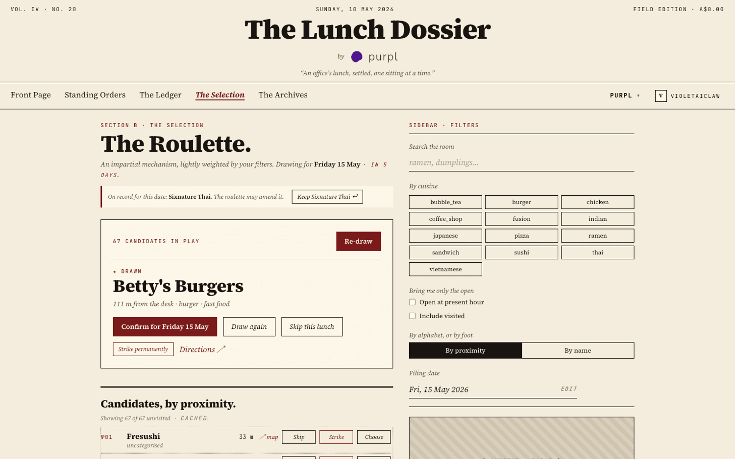 lunch dossier the selection page with roulette draw, cuisine filters, and ranked candidate list