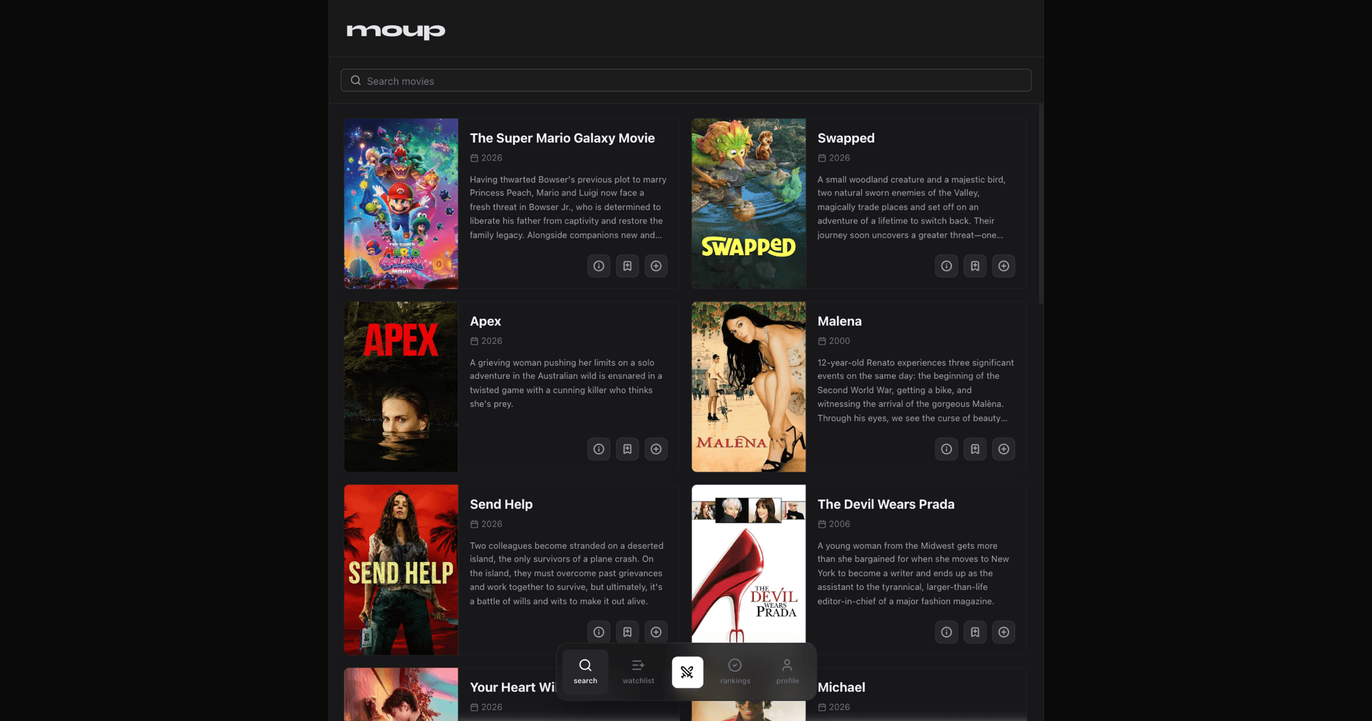 moup search page with movie grid, masthead, search bar, and floating bottom nav