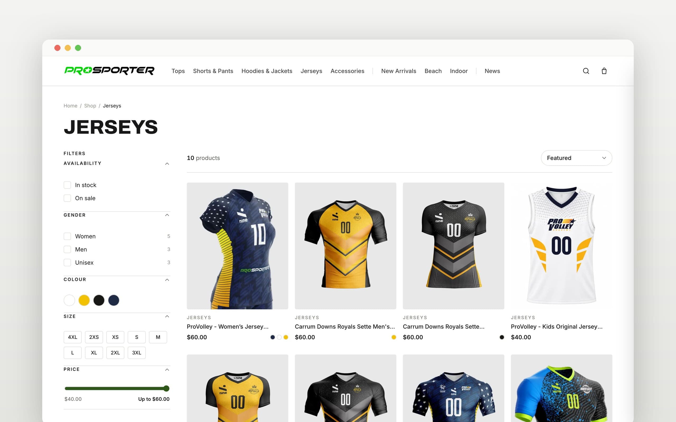 ProSporter jerseys collection on desktop, with availability, gender, colour, size and price filters beside the product grid