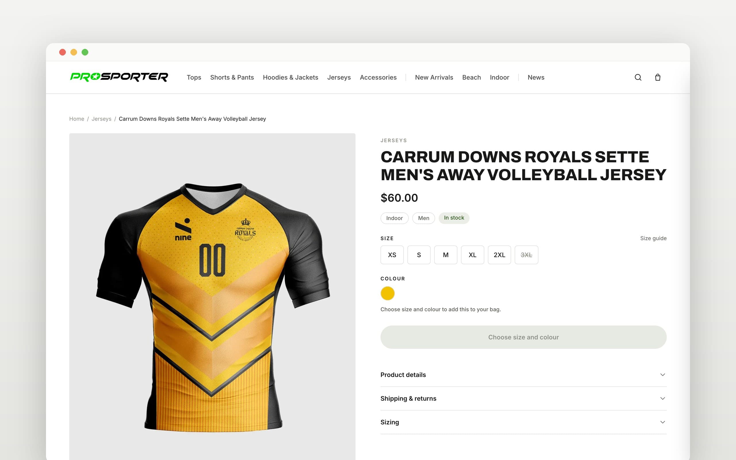 ProSporter product page for the Carrum Downs Royals away jersey: image, price, size and colour pickers and product details