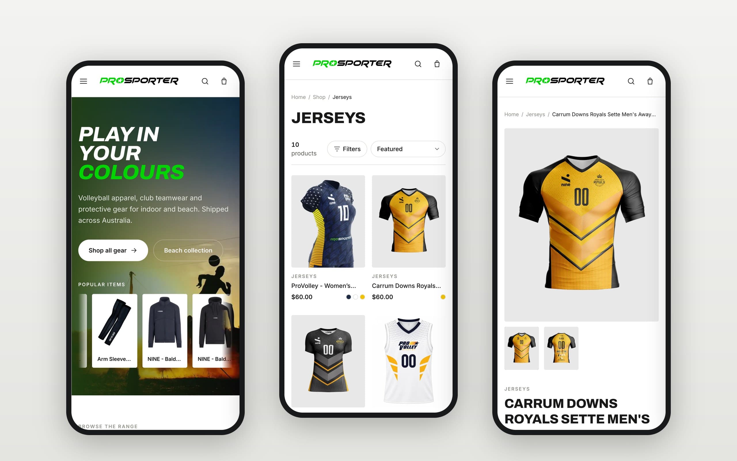 ProSporter on three phones: the Play in your colours home page, the jerseys collection with filters, and a jersey product page