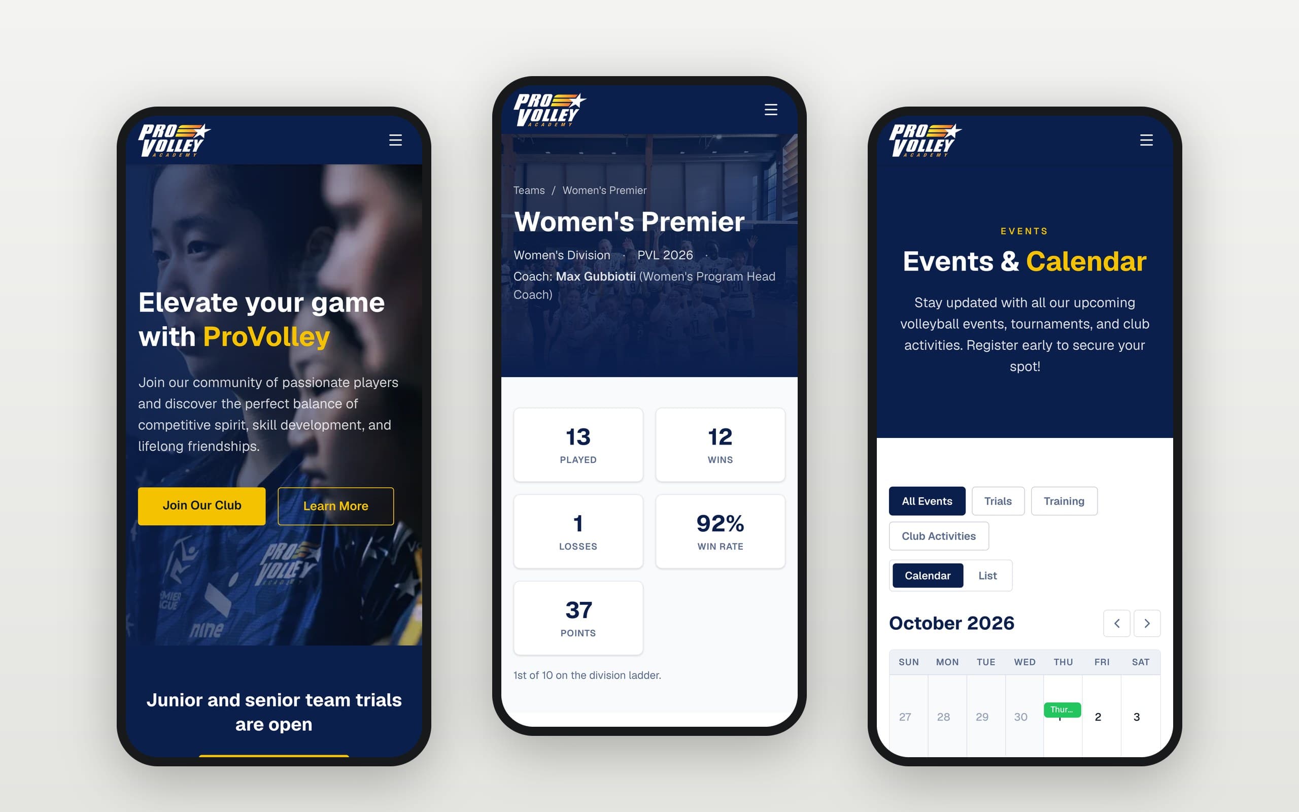 ProVolley on three phones: the Elevate your game home page, the Women's Premier team page with season record cards, and the events calendar