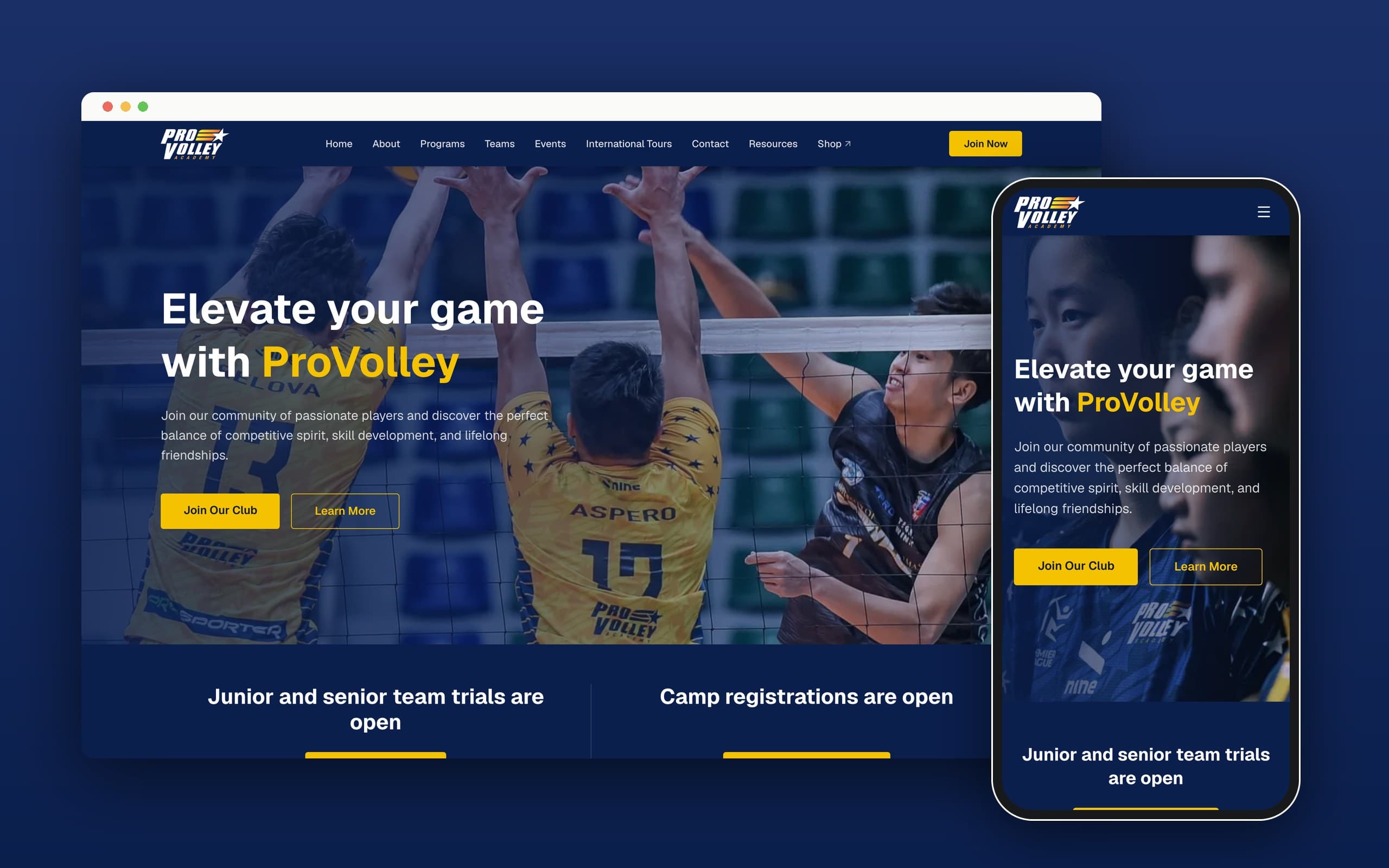 ProVolley home page on desktop and phone