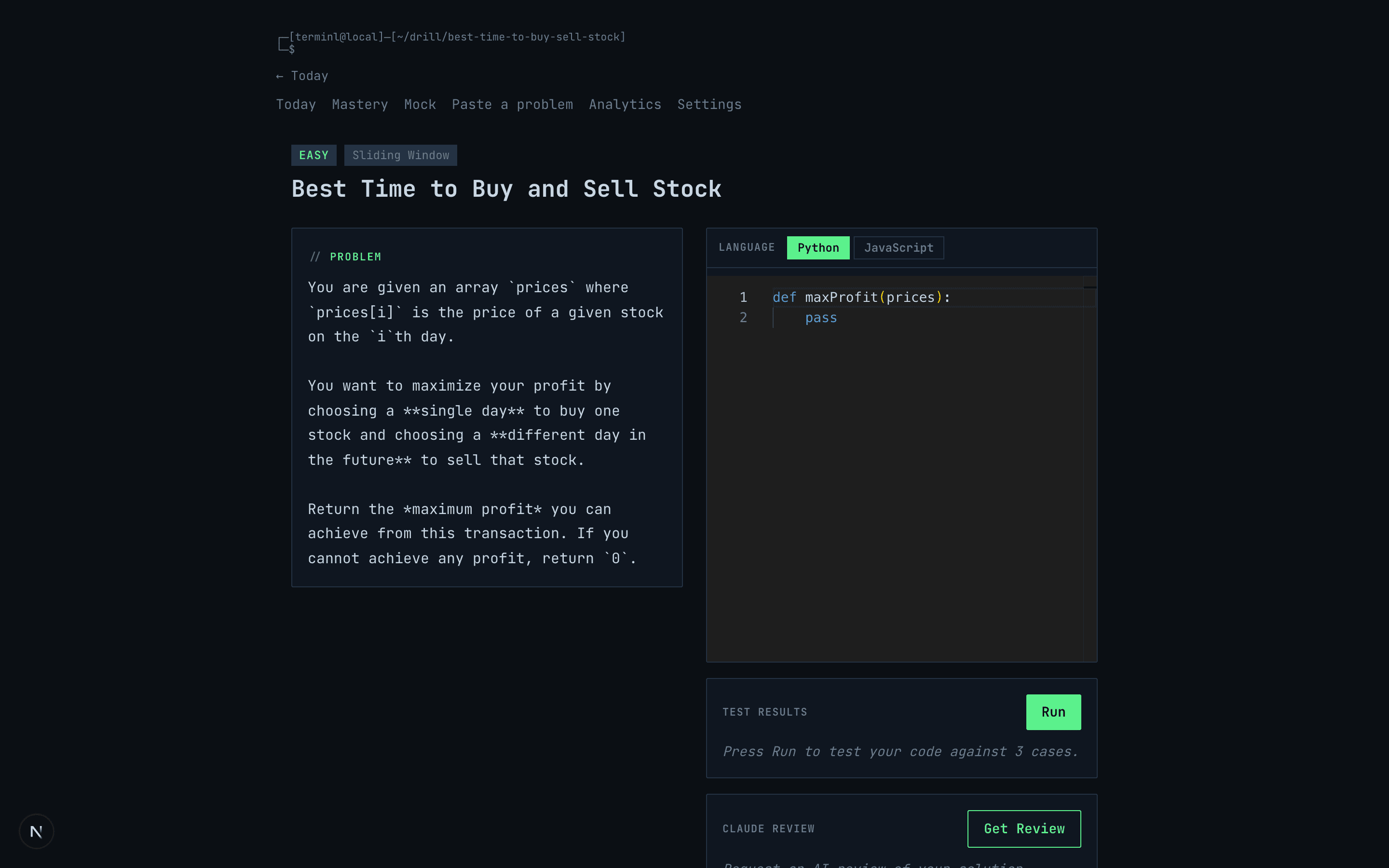 terminl drill page with problem statement, in-browser code editor, run, and AI code review