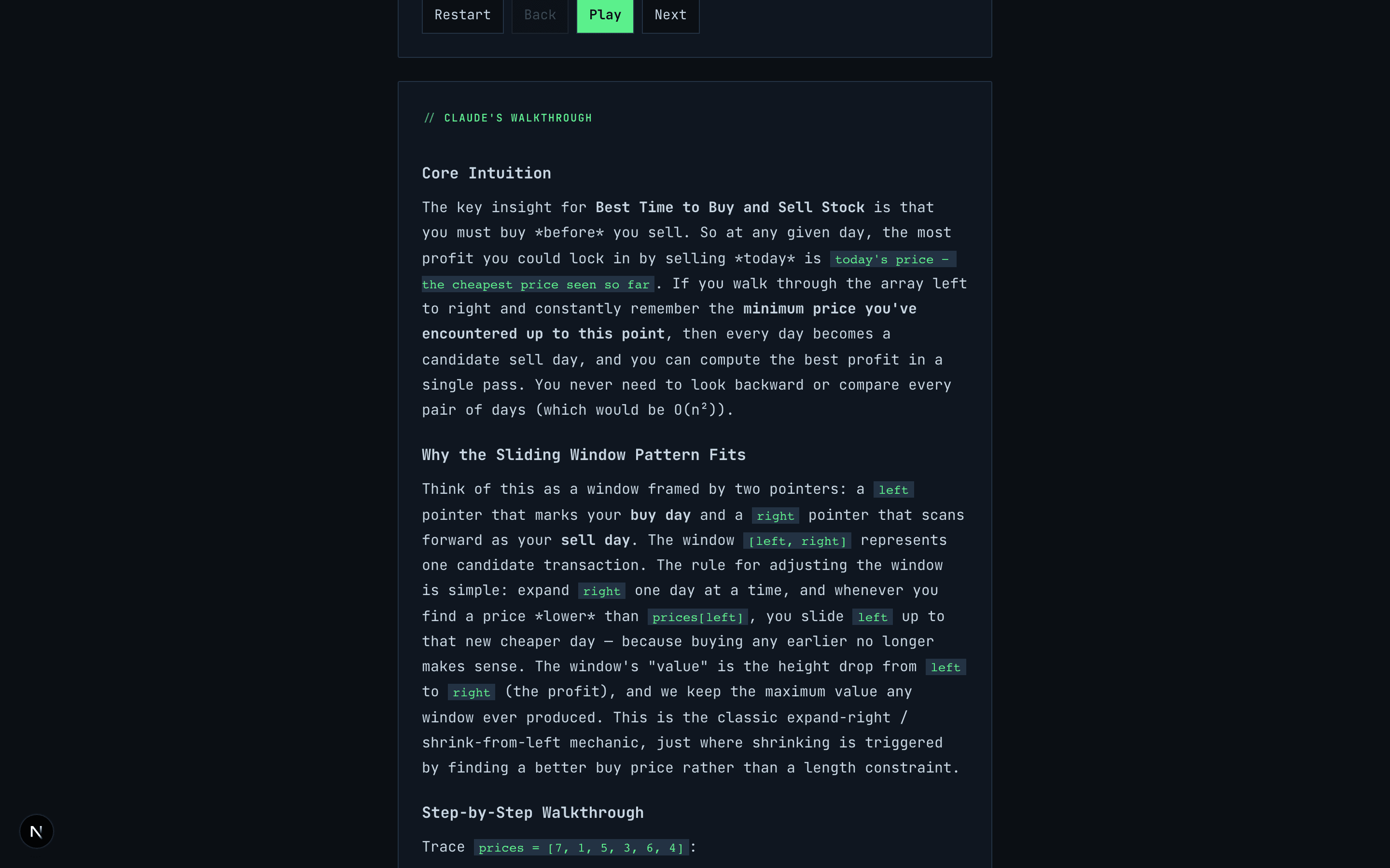terminl explain page with an AI walkthrough: core intuition and step-by-step trace