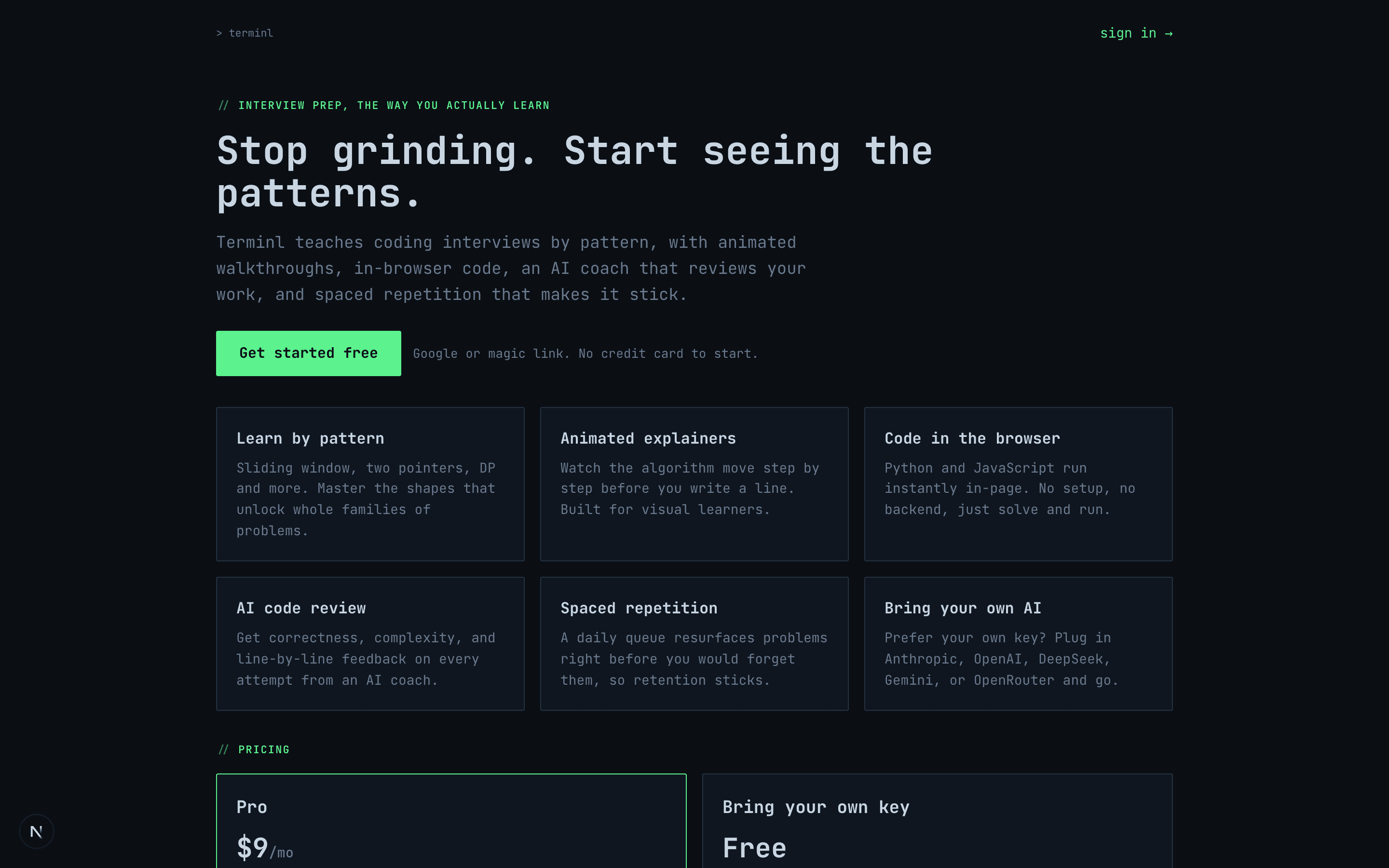 terminl landing page: stop grinding, start seeing the patterns, with feature grid and pricing