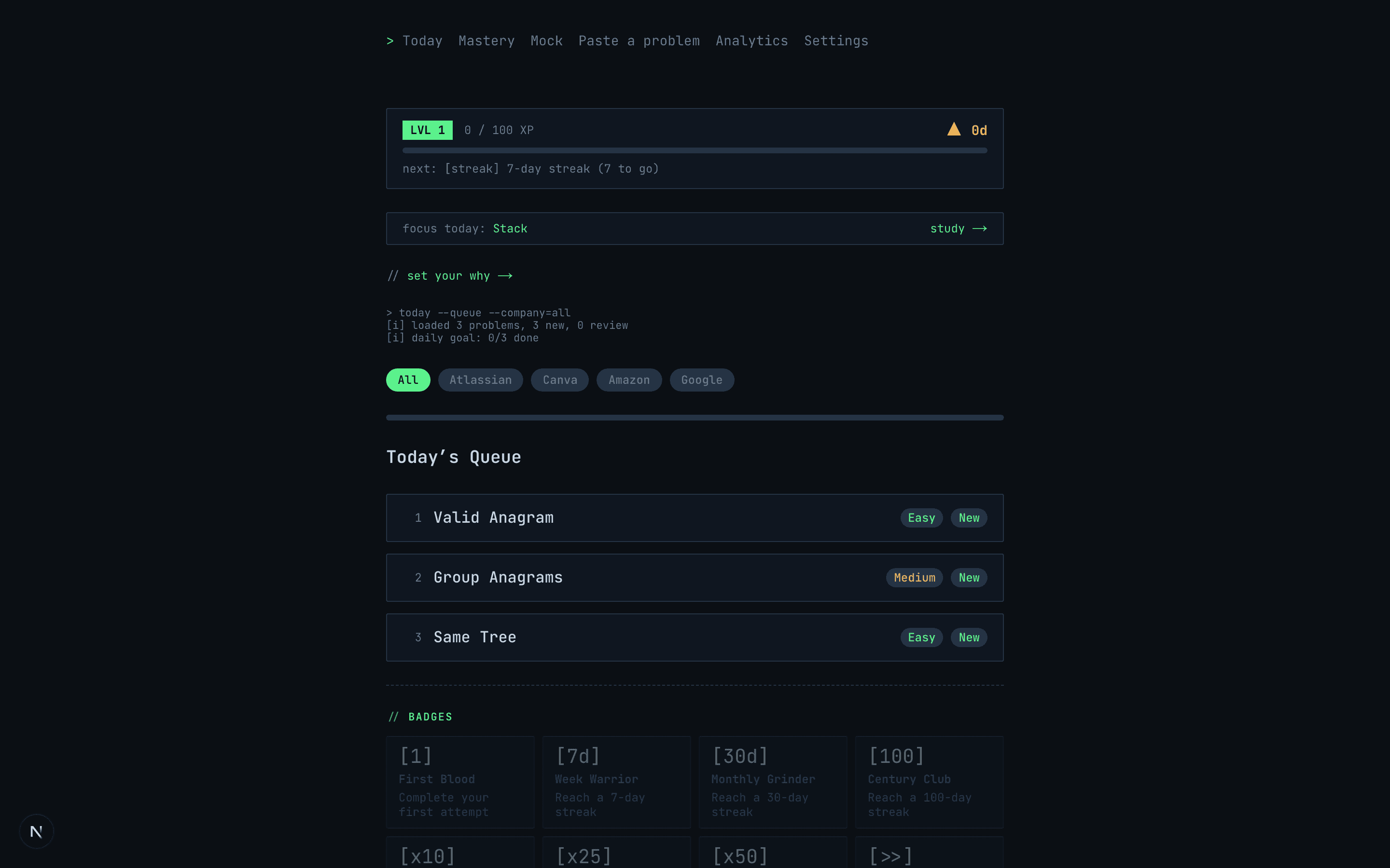 terminl today page with daily queue, XP/level bar, streak, company filters, and badges