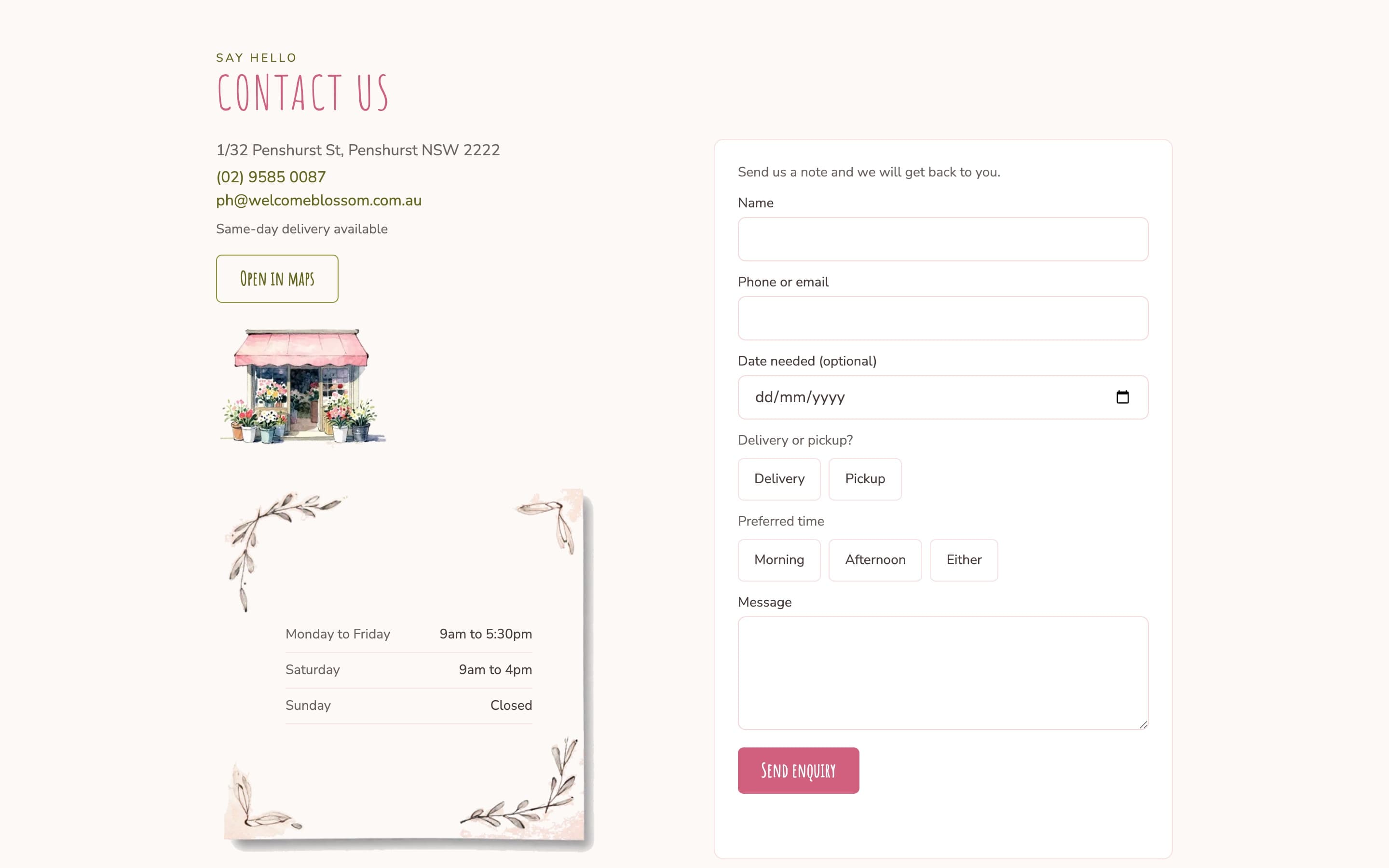 Welcome Blossom contact page with shop details, opening hours card and the enquiry form