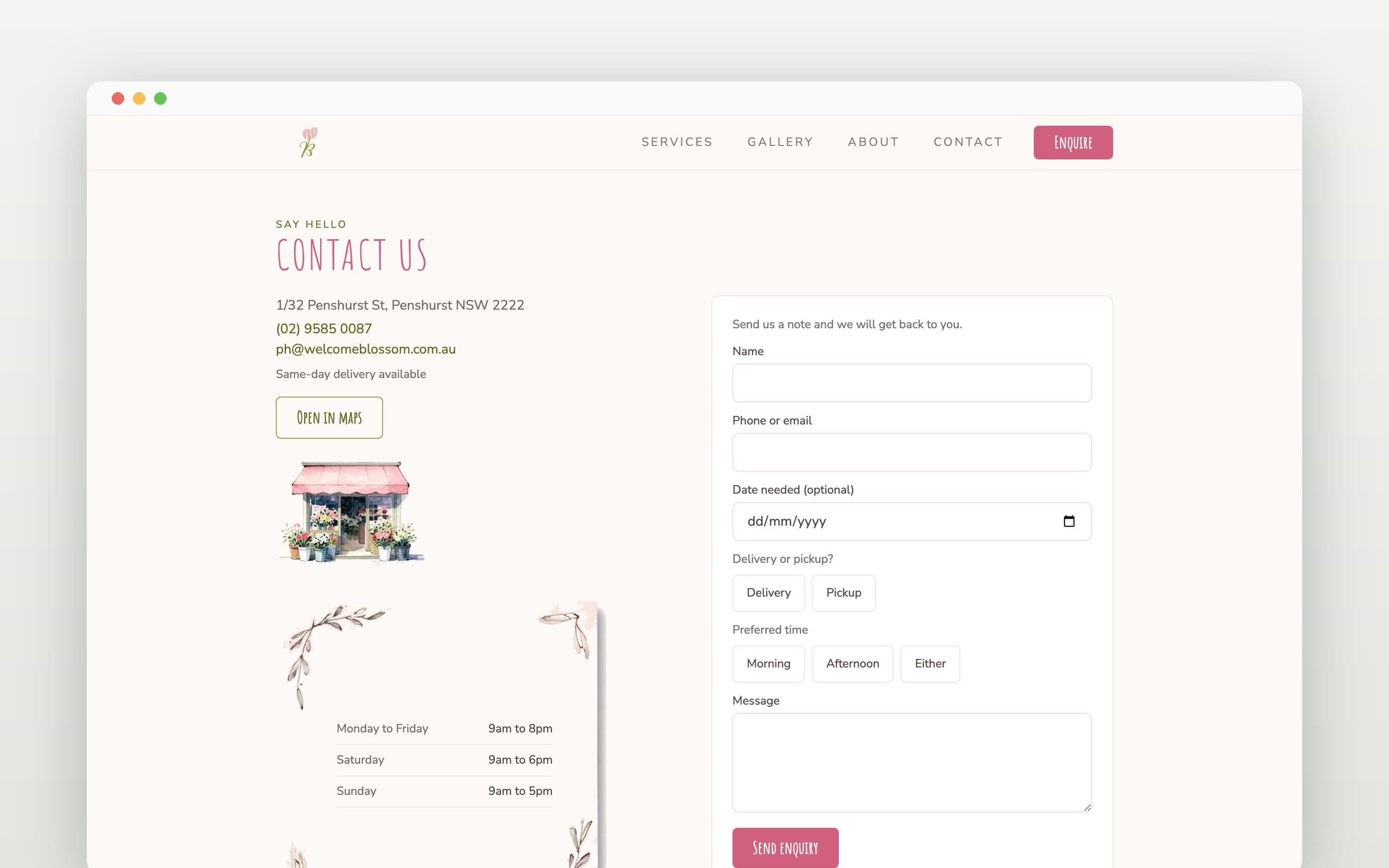 Welcome Blossom contact page on desktop with shop details, opening hours card and the enquiry form