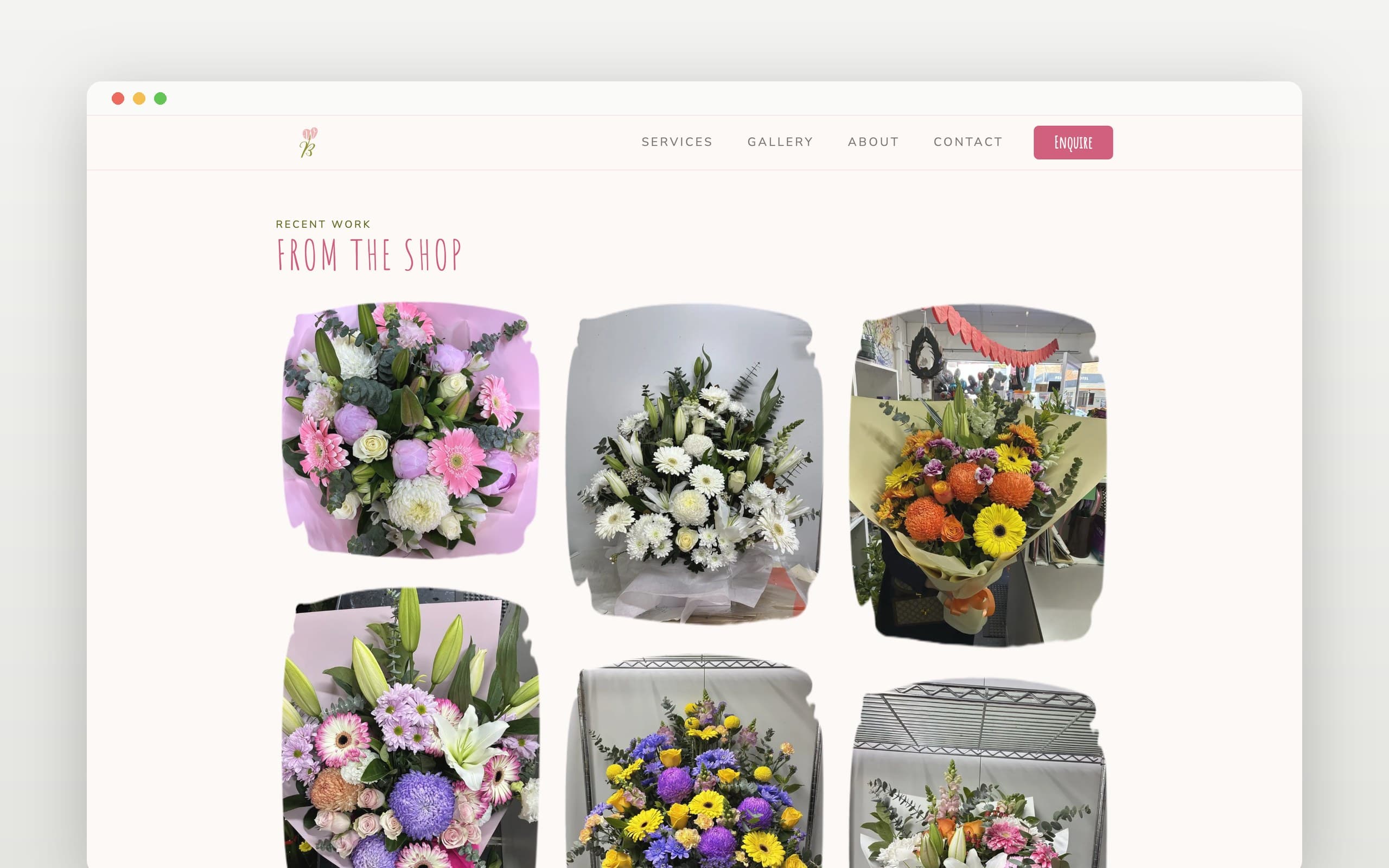 Welcome Blossom gallery page on desktop, recent arrangements from the shop in torn-paper frames