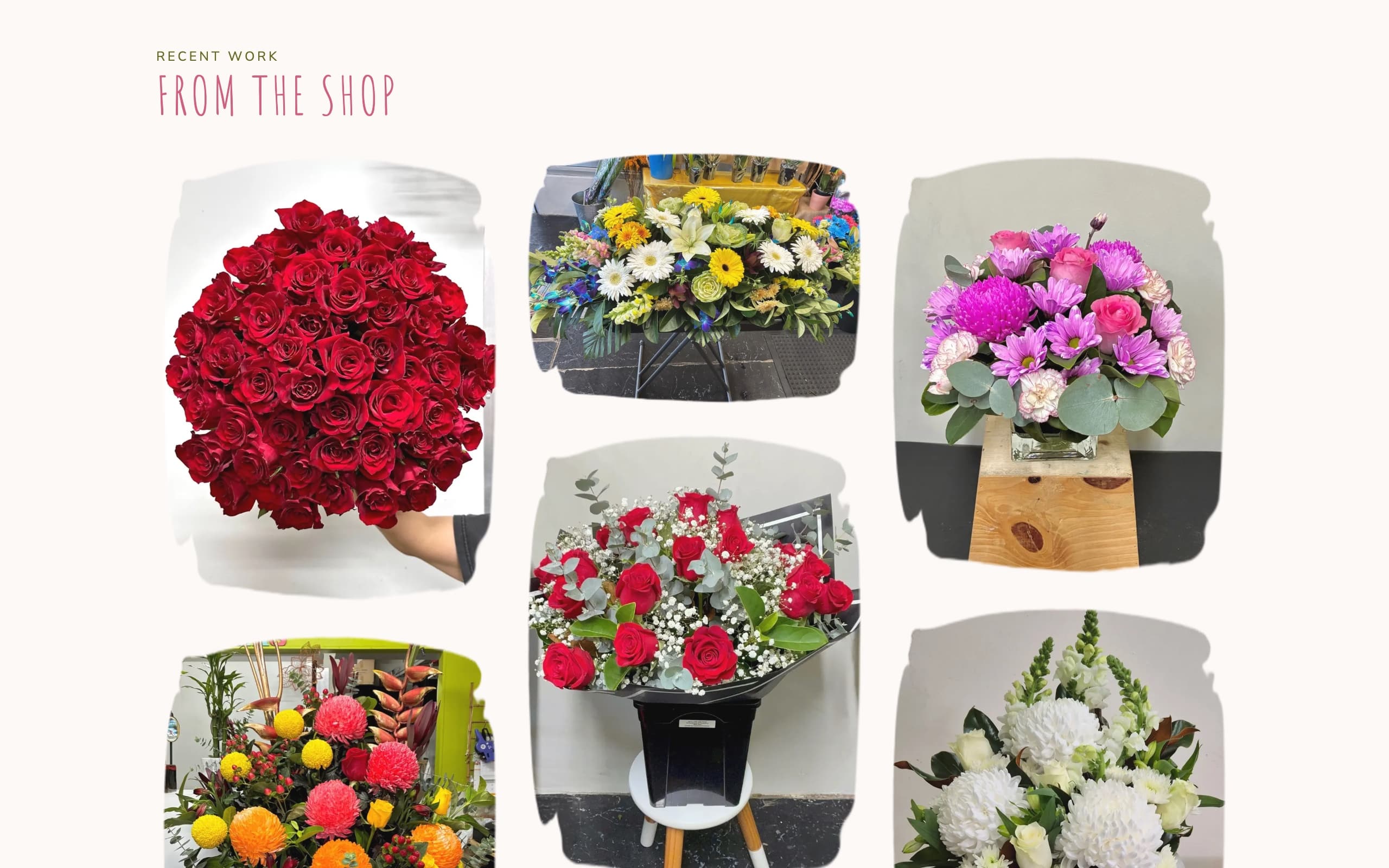 Welcome Blossom gallery page, recent arrangements from the shop in torn-paper frames