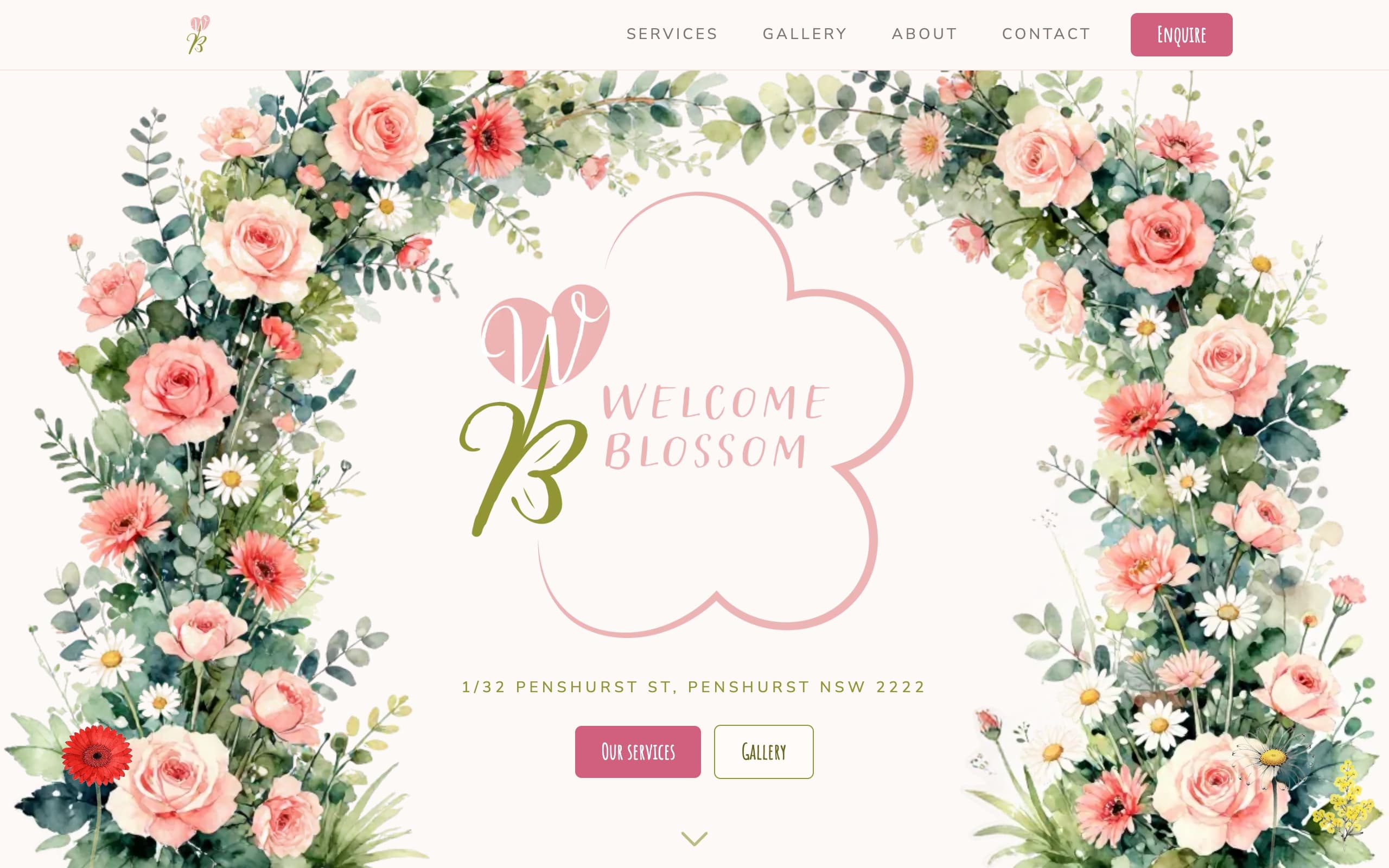 Welcome Blossom site, hero with the watercolour flower arch and logo