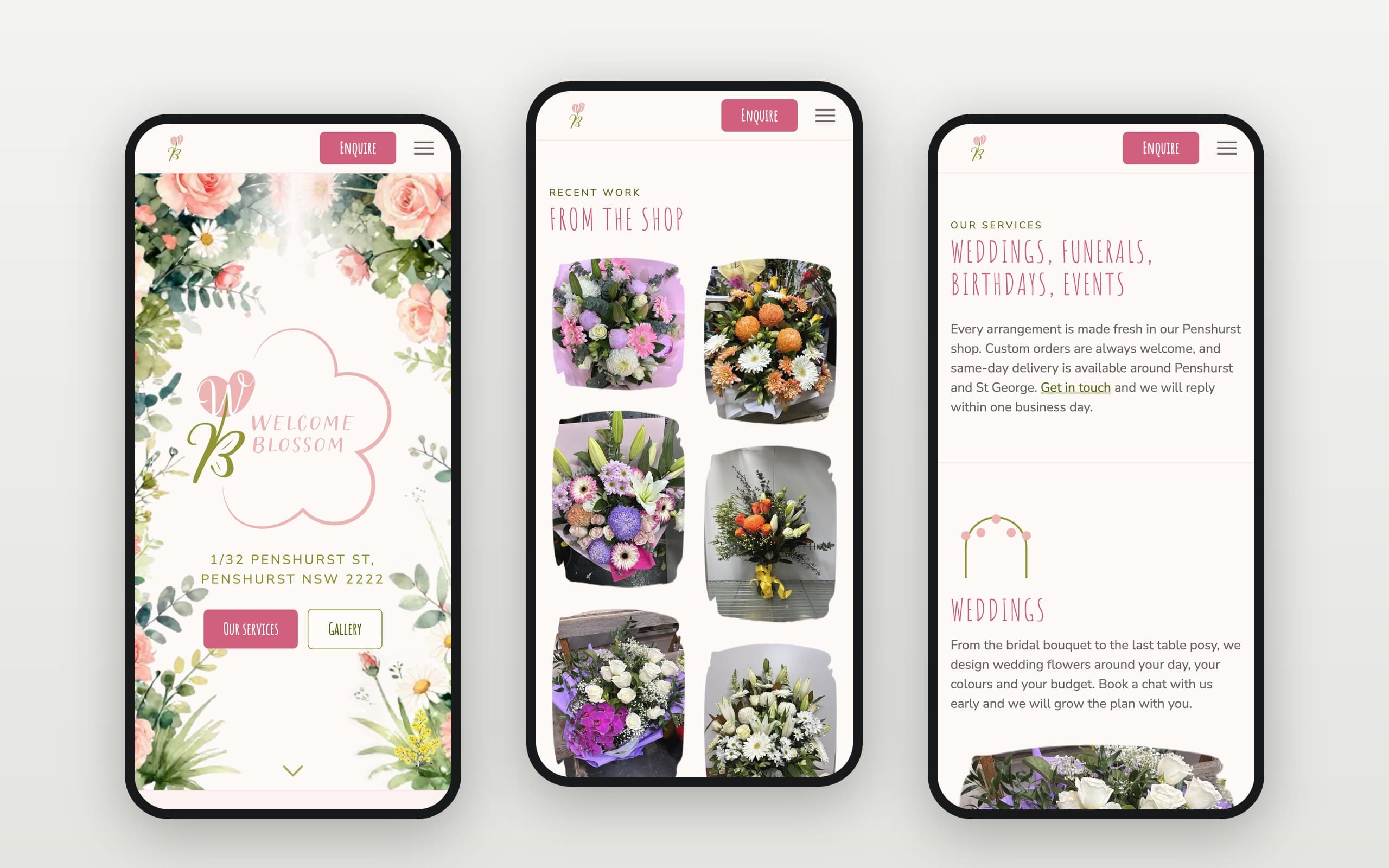 Welcome Blossom on three phones: the floral home page, the From the shop gallery and the services page
