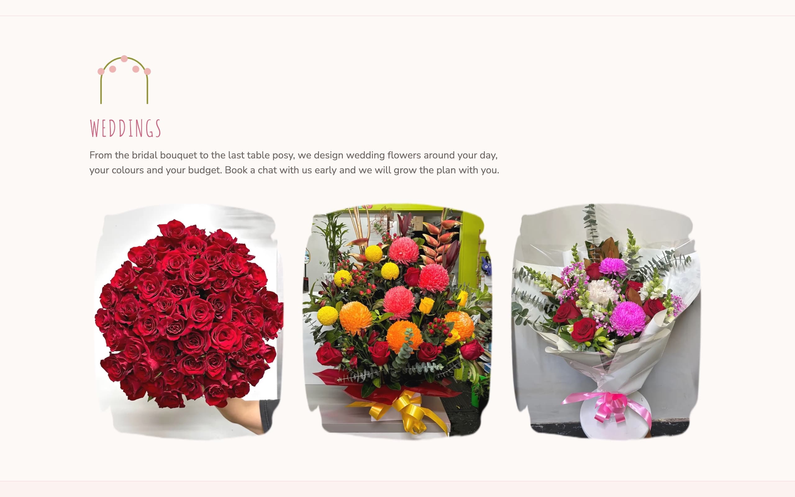 Welcome Blossom services page, weddings section with three arrangement photos