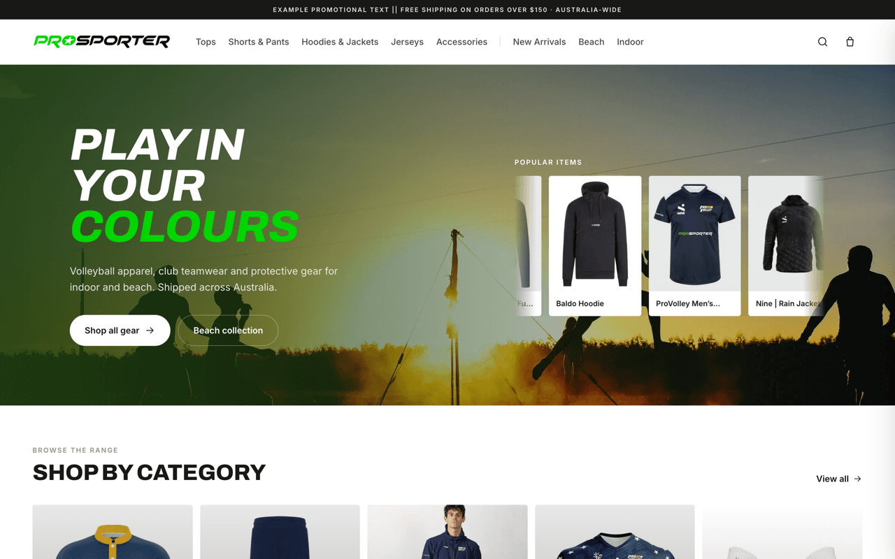ProSporter store homepage, hero section