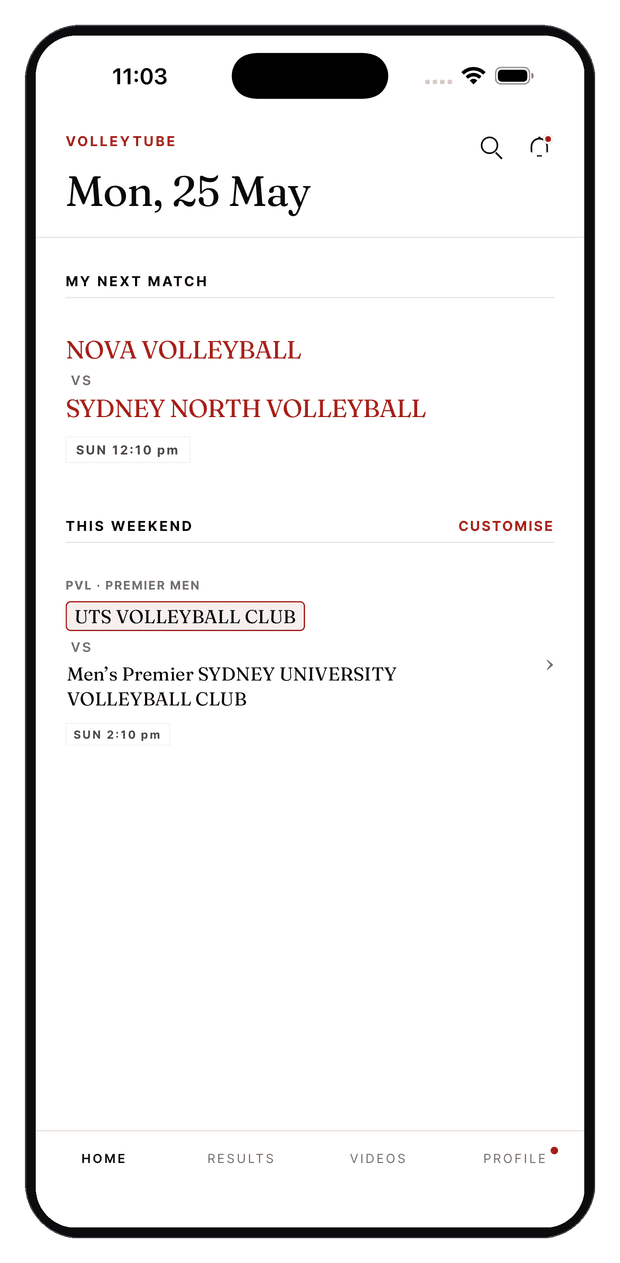 VolleyTube home screen with the day's matches