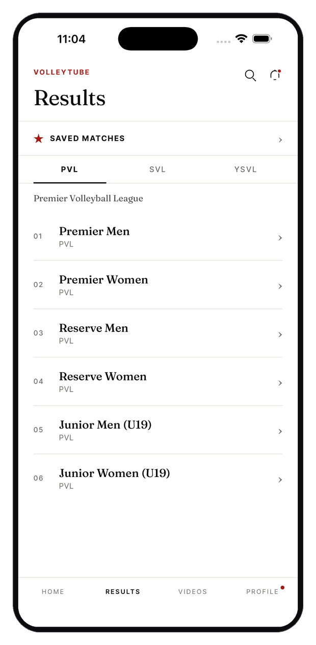 VolleyTube results browsed by league