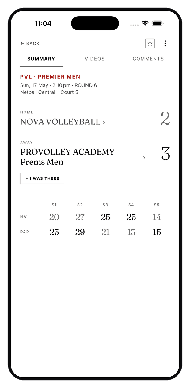 VolleyTube match detail with set-by-set scores